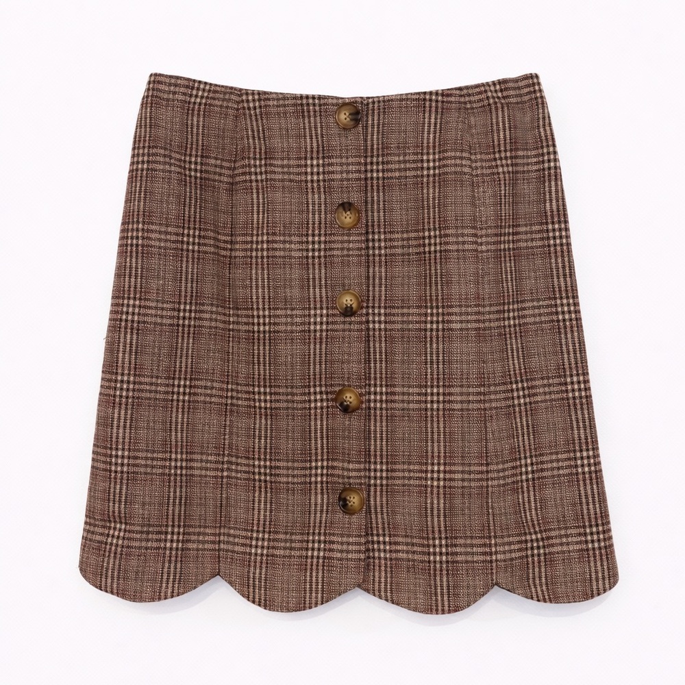Southern Proper Dessie Wool Blend Plaid Skirt Sz 4 Button Front Scallop Hem